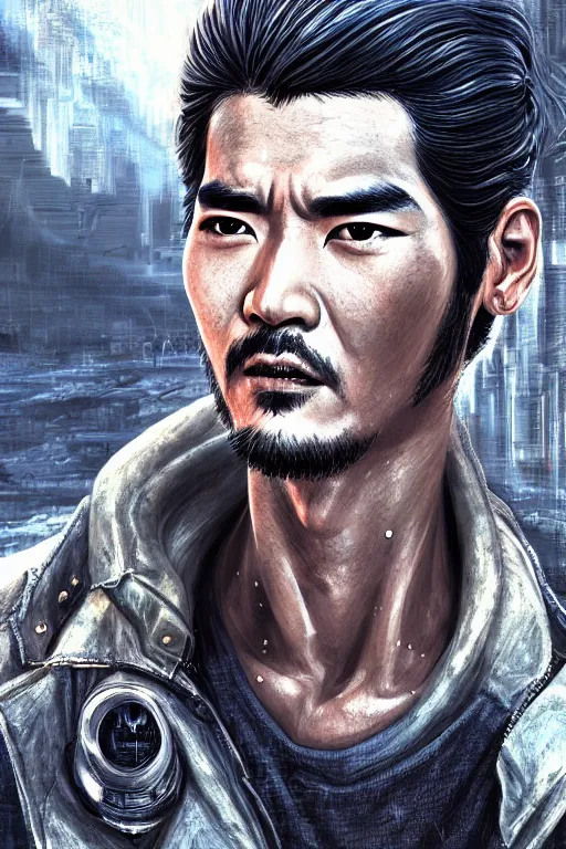 Image similar to ultra realistic style illustration, handsome alluring nasa artificial human in an apocalyptic ancient wasteland, face of takeshi kaneshiro and figure, cyberpunk, sci - fi, fantasy, intricate, elegant, highly detailed, digital painting, artstation, concept art, smooth, sharp focus, illustration, art by mansik yang and rashed alakroka and erak note and wlop