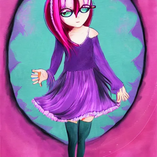 Image similar to little girl with eccentric pink hair wearing a dress mada of purple feather, art by dcwj