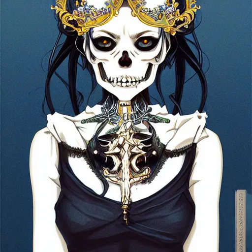 Prompt: anime manga skull portrait young woman skeleton, crown, fairies, intricate, elegant, highly detailed, digital art, ffffound, art by JC Leyendecker and sachin teng