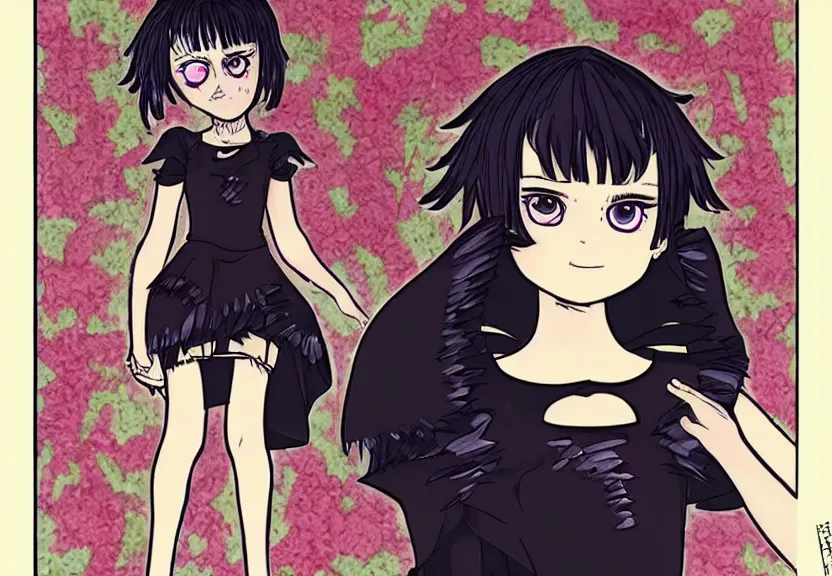 Prompt: beautiful little girl with a short black haircut wearing a dress made of black feathers, artwork in jojo bizarre adventure art style, anatomically perfect