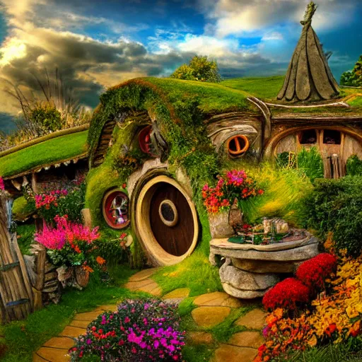 Image similar to hobbiton landscape with abnoxious jewels all around, fantasy, rock, high detail