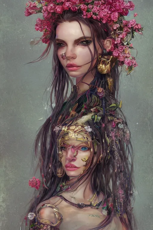 Image similar to portrait of beautiful young mainem, warhammer, cyber style, a lot of more scars, more and more flowers, the middle ages, highly detailed, artstation, illustration, artgerm sylvari portrait, 8 k quality, art by gustav klimt