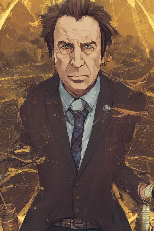 Image similar to portrait of saul goodman, high intricate details, rule of thirds, golden ratio, cinematic light, 8 k, octane render, anime style, graphic novel by fiona staples and dustin nguyen, art by beaststars and orange, peter elson, alan bean, studio ghibli, makoto shinkai