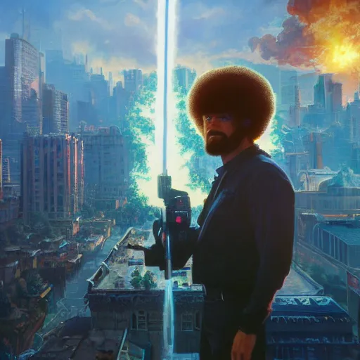 Image similar to bob ross shooting lazer beams from his eyes, destroying a cityscape, 8 k, highly detailed, digital painting, unreal engine tech demo, vivid colors, artstation, art by artgerm and greg rutkowski and alphonse mucha