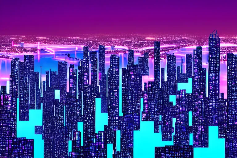 Prompt: an intricate circuit board cybercity of futuristic neon pink and blue skyscrapers on the edge of a giant lake at night,