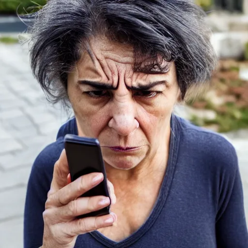 Prompt: astonished and angry middle aged lady looking at smartphone, unsure expression, uncombed hair, greek ethnicity, persian face structure, straight grey hair, angry eyes, photo, realistic, outdoor lighting, 4 k, 8 k, hd, 3 9 mm lens