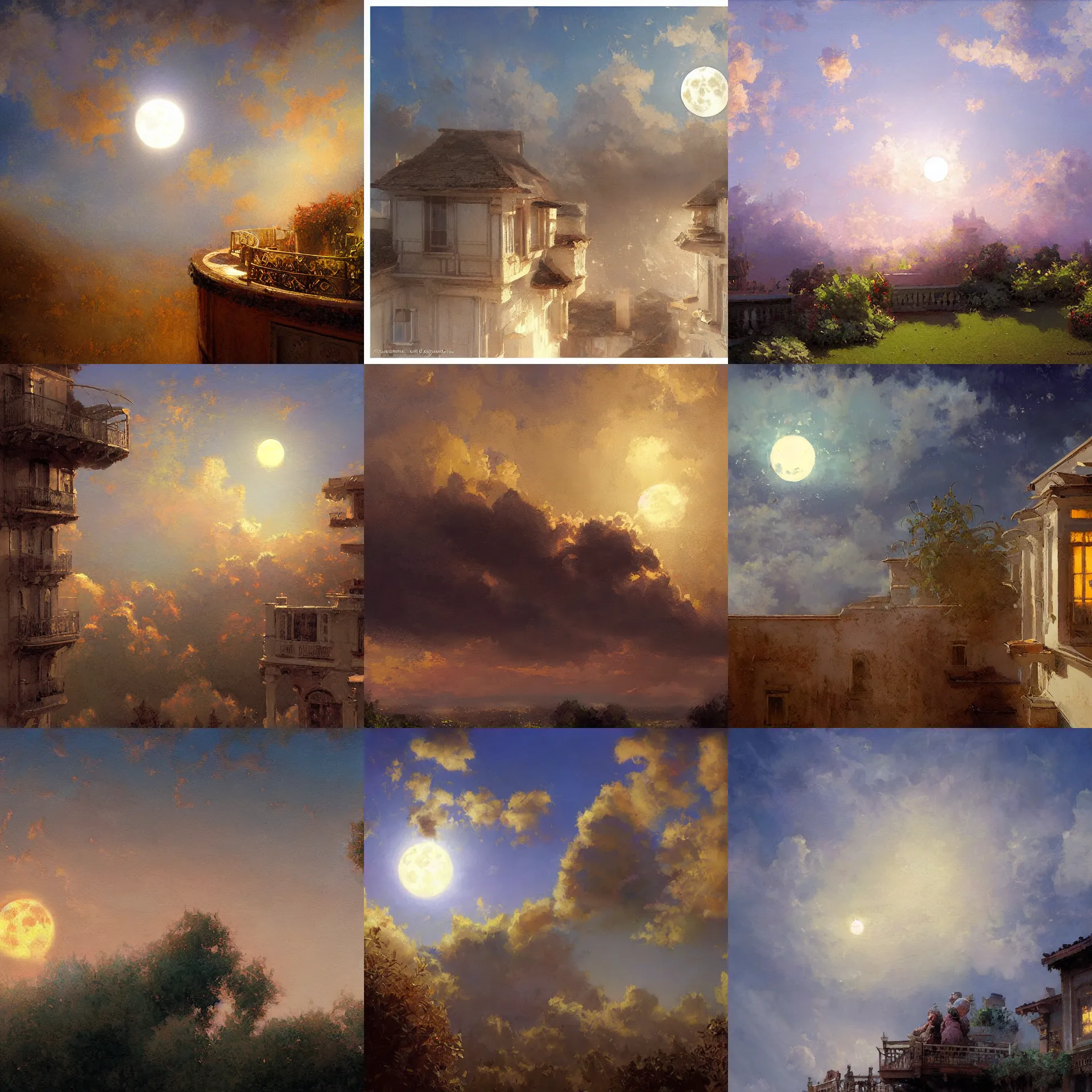 Prompt: digital art painting of a full moon sky, fluffy clouds, viewed from a house balcony painted by craig mullins and gaston bussiere and greg rutkowski, dramatic lighting