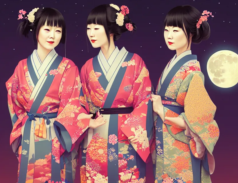 Image similar to two beautiful charming japan girls wear arty kimono in festival | | sunny night, full moon, dreamlike art, realistic shaded, smile, good looking, hyper details, 4 k realistic, cryengine, realistic shaded lighting poster by ilya kuvshinov, fuji choko, ross tran, 8 k resolution, trending on artstation, luxury