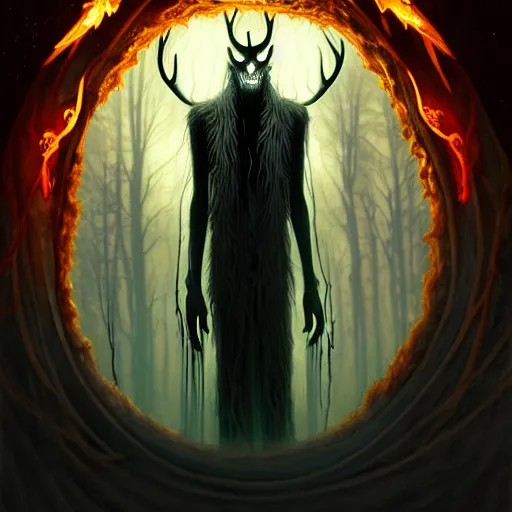 Image similar to translucent Wendigo with flaming eyes, veiled in mist, heroic lighting, dark fantasy, intricate, elegant, highly detailed, lifelike, photorealistic, digital painting, artstation, illustration, concept art, smooth, sharp focus, art by John Collier and Albert Aublet and Krenz Cushart and Artem Demura and Alphonse Mucha