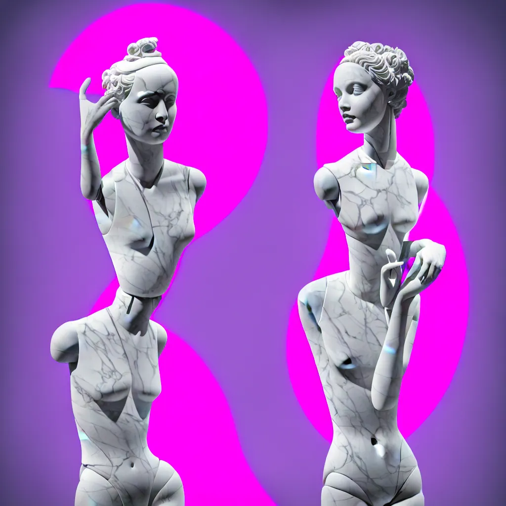 Image similar to beautiful marble sculpture of a mannequin by billelis + lit with 3 d geometric neon + moon in background!, facing a doorway opening with neon pink geometric light + hosta flowers!!, award winning, clean linework, dramatic, finely detailed, 4 k, trending on artstation, photorealistic, volumetric lighting, octane render