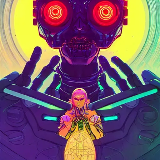 Image similar to a portrait of a beautiful cybernetic occultist performing summoning rituals to bring technological singularity, cyberpunk concept art by josan gonzales and jean claude meziere and syd mead and moebius