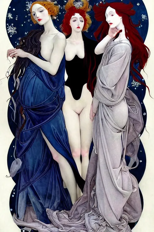 Image similar to 3 Winter Deities, (one representing each month of December, January, and February), in a mixed style of Æon Flux, Peter Chung, Botticelli, and John Singer Sargent, inspired by pre-raphaelite paintings, shoujo manga, and cool Japanese street fashion, sparse Winter landscape, dark and moody colors, hyper detailed, super fine inking lines, dramatic color, 4K extremely photorealistic, Arnold render