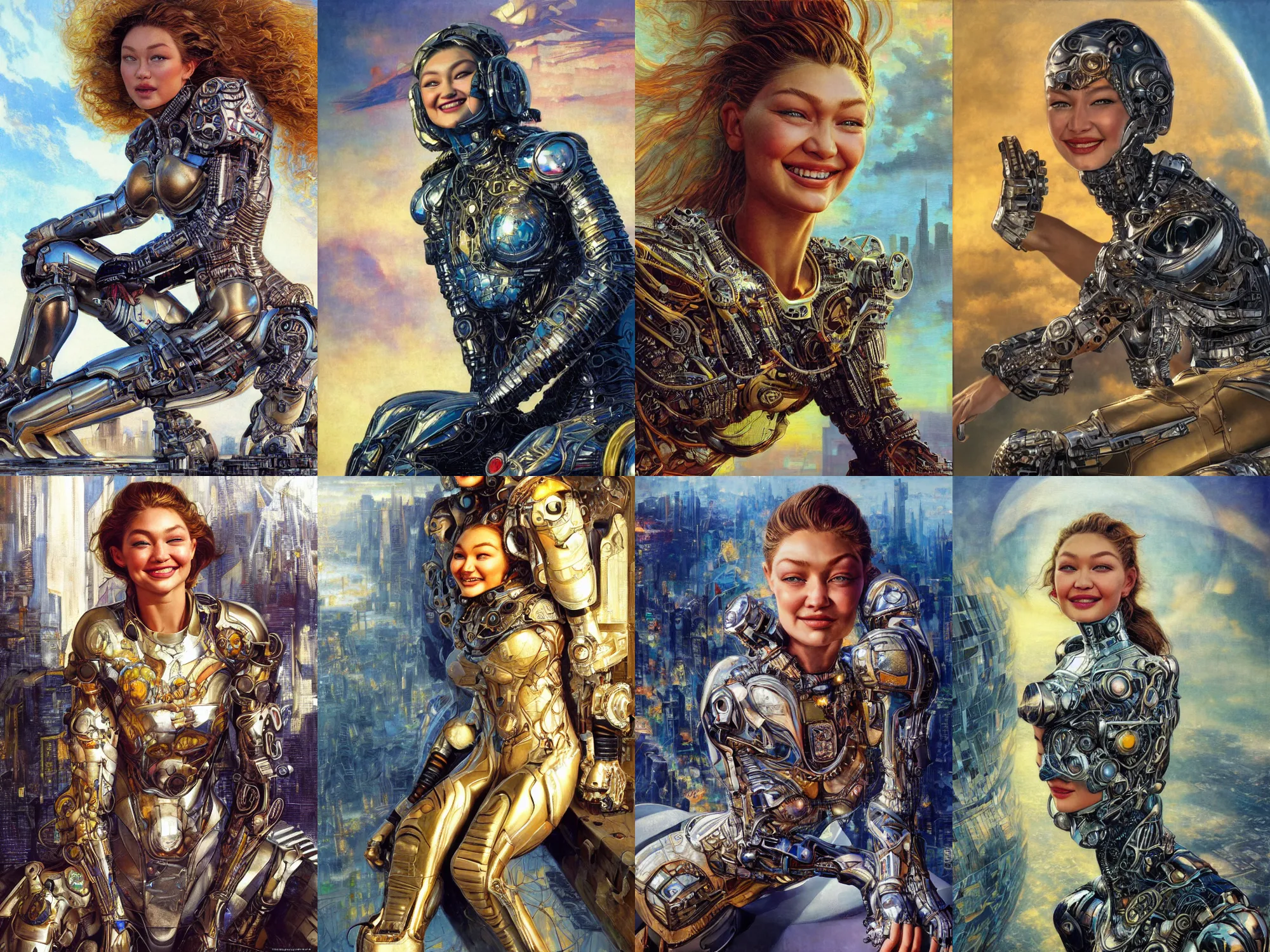 Prompt: close - up portrait of epic young gigi hadid smiling into camera, intricate cyborg armor, sitting on a bench, vista of futuristic city, windy, golden hour, wlop, by gerald brom, by mikhail vrubel, by peter elson, extreme detail, trending on artstation