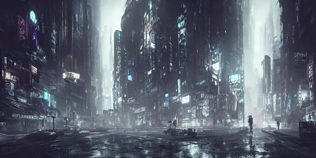 Image similar to Uncanny valley, dark grotesque nocturne cyberpunk city, armed and dangerous, night, black, grey, white, realistic 4k octane beautifully detailed render, 4k post-processing, highly detailed, intricate complexity, epic composition, magical atmosphere, cinematic lighting, masterpiece, ultra hd