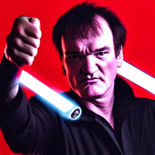 Prompt: quentin tarantino giving his thumbs up with his left hand, raising a lightsaber with his right hand. red background. cinematic trailer format.