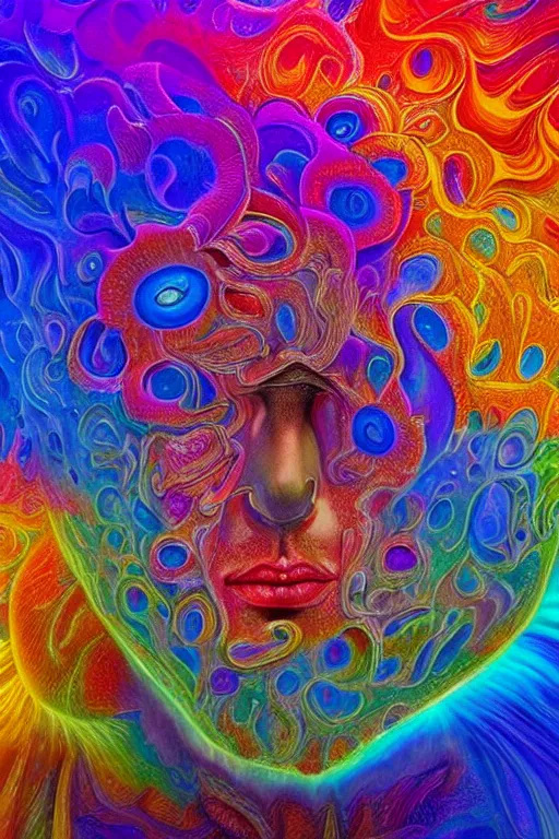 Image similar to hyperrealistic abstract close-up Renaissance psychedelic!! celestial happy! pure creature!! peaceful! kind spirit of nature! beautiful fractal!! eyes! highly detailed concept art eric zener elson peter cinematic hard rainbow lighting high angle hd 8k sharp shallow depth of field endless, inspired by Zdzisław Beksiński Salvador Dali