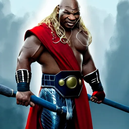 Prompt: Mike Tyson as Thor, God of Thunder, 4k, artstation, cgsociety, award-winning, masterpiece, stunning, beautiful, glorious, powerful, fantasy art