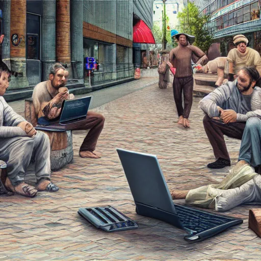 Image similar to a group of realistic bums using laptops near on street, highly detailed, intricate, sharp focus, digital art, 8 k