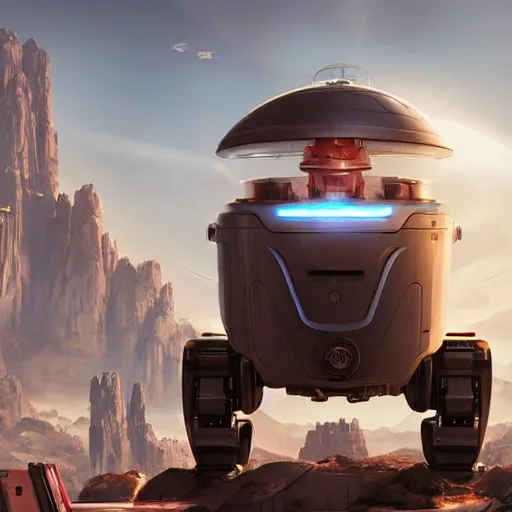 Image similar to friendly robot in front of a clean white sci-fi dome in a pleasant urban setting, peaceful, majestic, a sense of hope, in style of apex legends, art station, ultra hd, soft light, overhead sun, ultra hd, art station