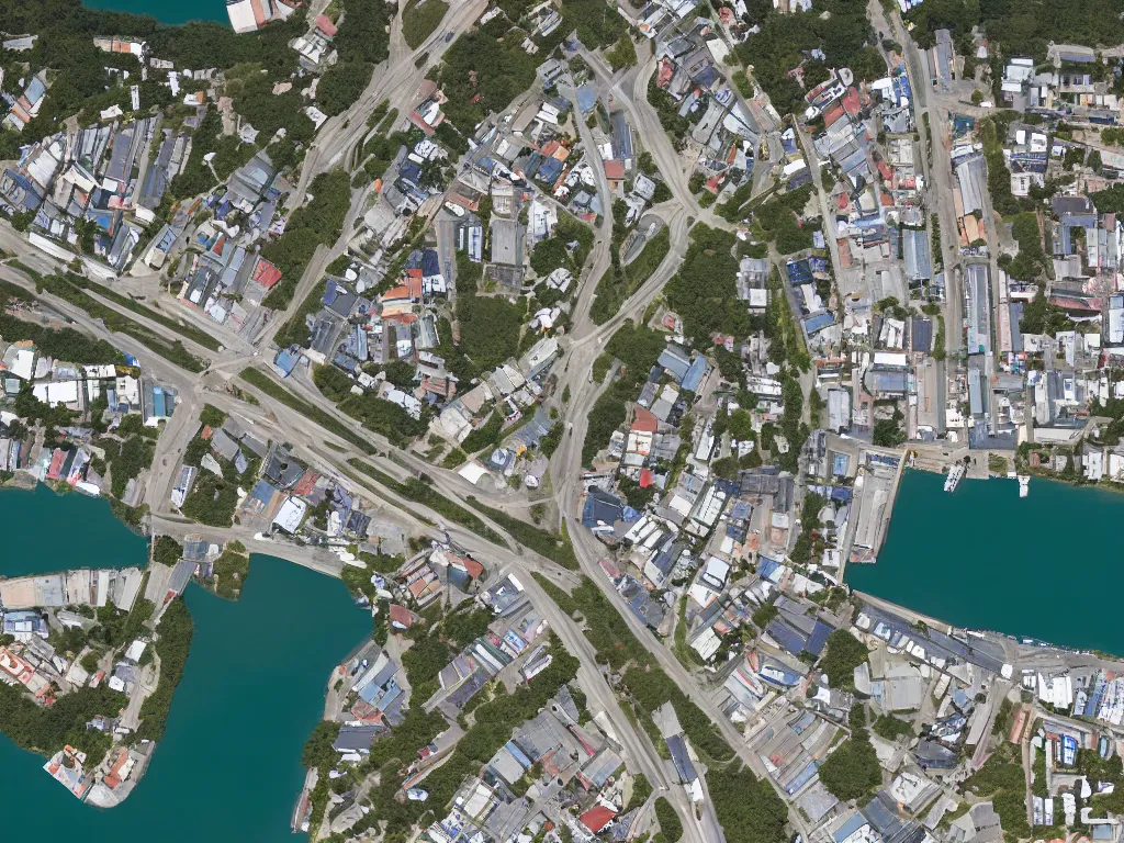 Image similar to satellite imagery of a small city with shops, shipping dock, and beach to the south. a bridge crosses a big lake, with a town hall, marketplace, and towers to the north. there is a field in the middle of the city. small hills and woods north of the city