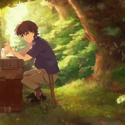 Prompt: friendly guy and small creature , with Fragile looking character portrait face and small made in Ghibli art ,highly detailed art, beautiful scene, sharp focus, smooth, 8k, anime art,