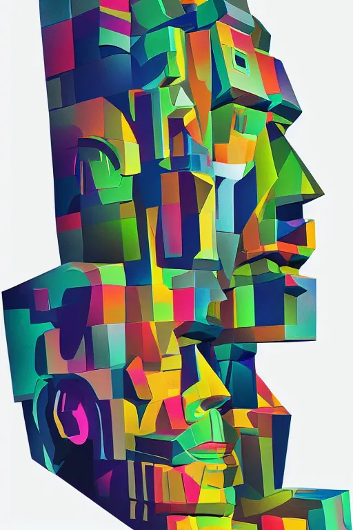 Image similar to cubist moai statue cutout digital illustration cartoon colorful beeple