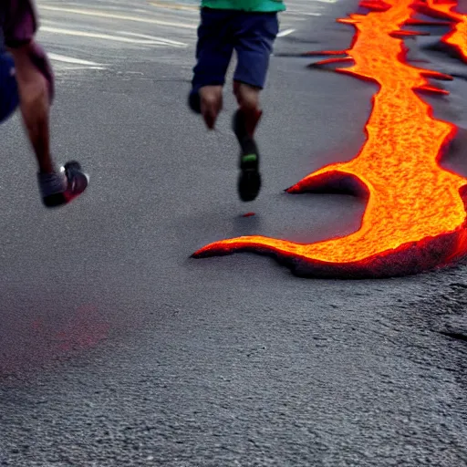 Image similar to lava coming out of cracks in the street, people running, cinematic, photorealistic