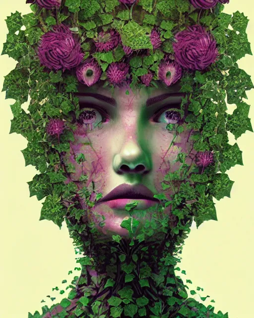 Image similar to organic robot woman portrait overgrown flowers ivy, petros afshar