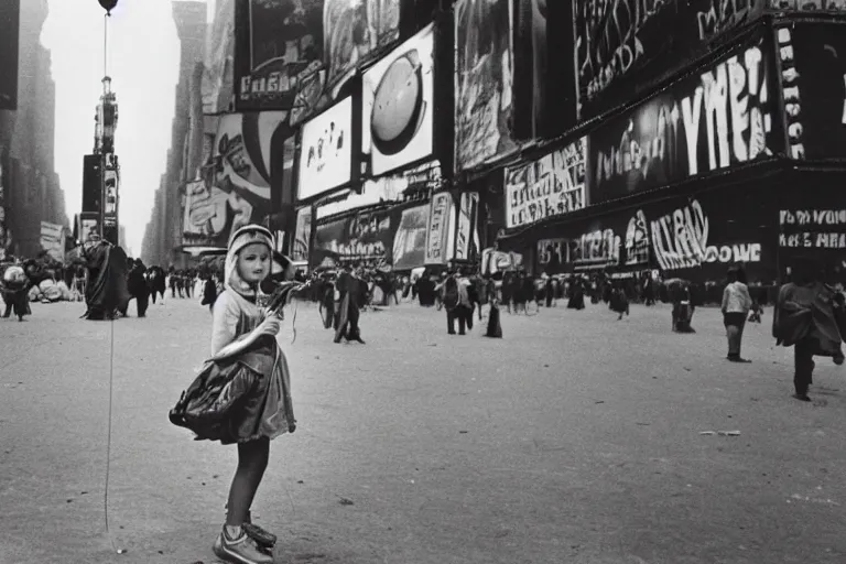 Prompt: photograph of a girl with balloon in Times Square after the apocalypse, by Ansel Adams ((black and white))