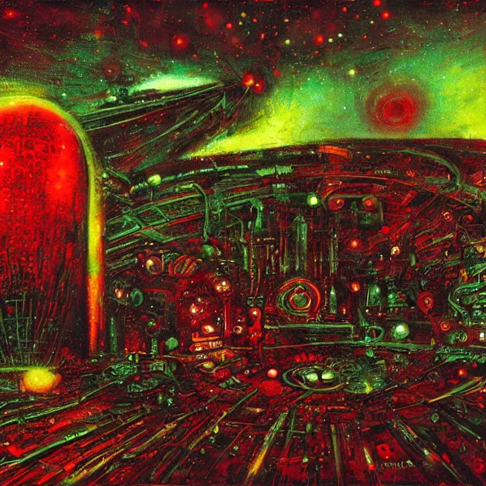 Image similar to gargantuan disappointment, red and green palette, night lights, starry sky, by ( h. r. giger ) and paul lehr