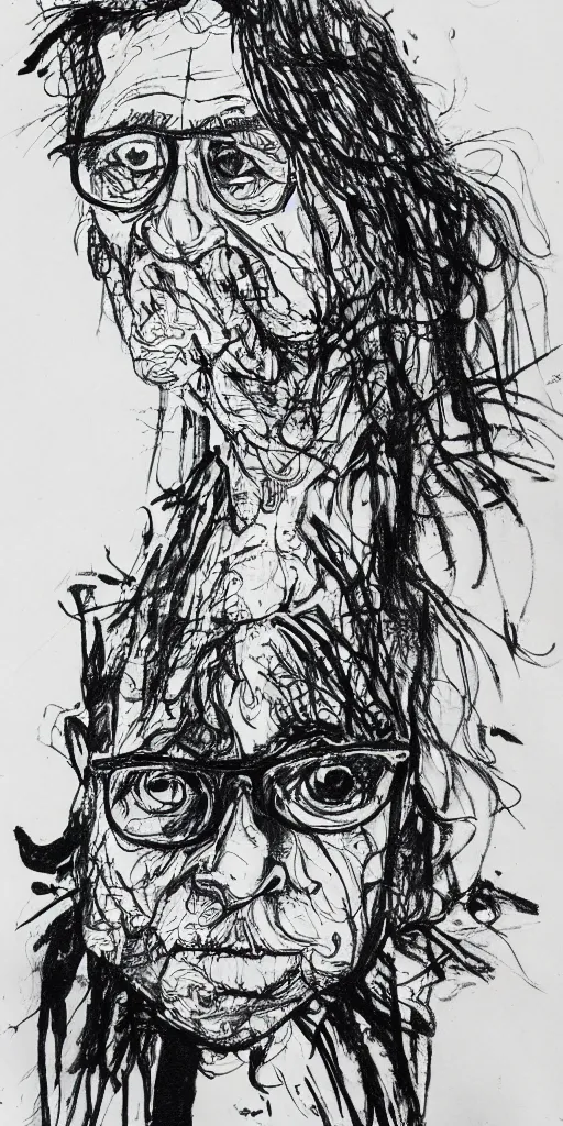 Image similar to a loose wild messy ink sketch portrait of a self portrait in the style of ralph steadman, caricature, dramatic