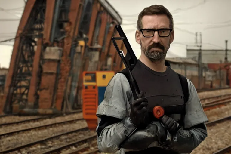 Image similar to vfx movie closeup real life gordon freeman holding wearing futuristic armor, half life logo on chest, crowbar in russian train yard by emmanuel lubezki