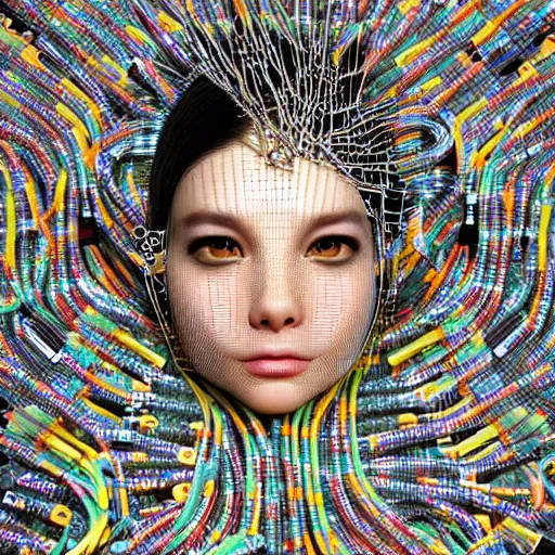 Prompt: deeper into the metaverse we go, piles of modular synth cables mixed with roots, kawaii puerto rican goddess swimming up wearing a headpiece made of circuit boards, by cameron gray, wlop, stanley kubrick, masamune, hideki anno, jamie hewlett, unique perspective, rock carving, trending on artstation, 3 d render, vivid