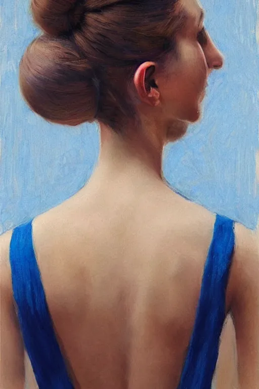 Prompt: girl with messy bun hairstyle, back view, blue camisole!!!!!!! shoulder tattoo!!!!!!! jeremy lipking, joseph todorovitch
