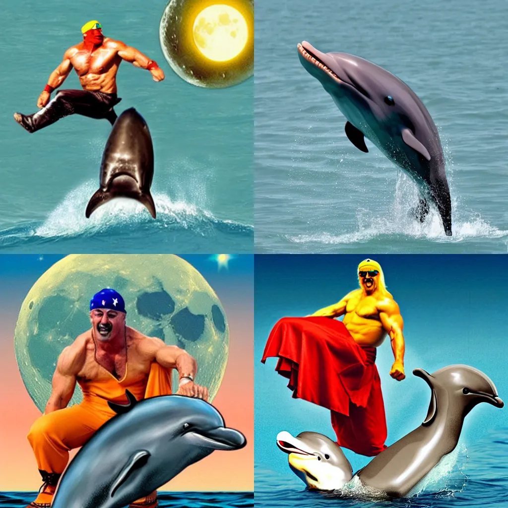 Prompt: Hulk Hogan riding a dolphin over the moon