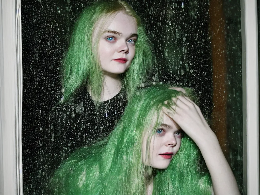 Prompt: photo of Elle Fanning with green hair looking sadly out a window on a rainy night photographed by Jill Greenberg