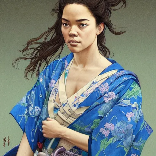 Prompt: full figure ultra realistic illustration, tessa thompson wearing a maiden blue kimono, brown flowy hair, edo japan, intricate, elegant, highly detailed, digital painting, artstation, concept art, smooth, sharp focus, illustration, art by artgerm and greg rutkowski and alphonse mucha