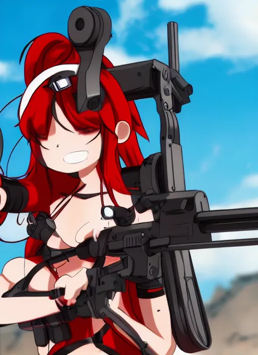Prompt: Yoko Littner with red hair aiming a anti material rifle, anime manga, high resolution