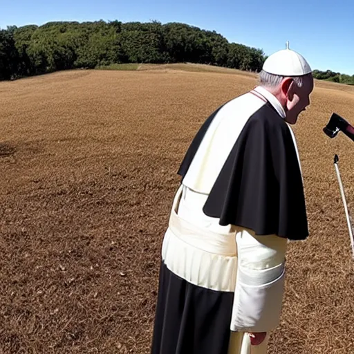 Prompt: the pope on trail cam footage