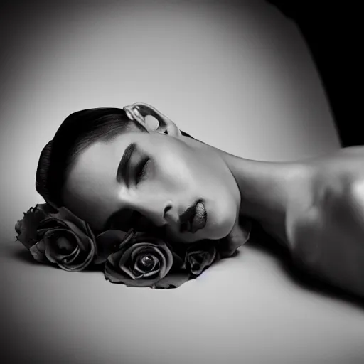 Image similar to a fashion photo of a beautiful model, a bed of roses, by ted gibson, jen atkin, tom eerebout, elizabeth saltzman, peter lindbergh, tim walker, symmetry, full face, studio lighting, dlsr,