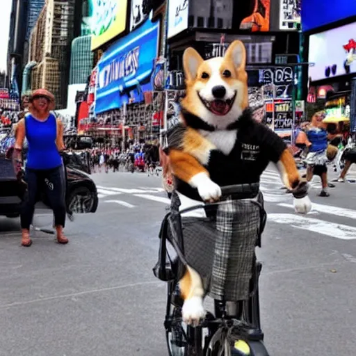 Prompt: a photo of a corgi dog riding a bike in times square. it is wearing sunglasses and a beach hat.