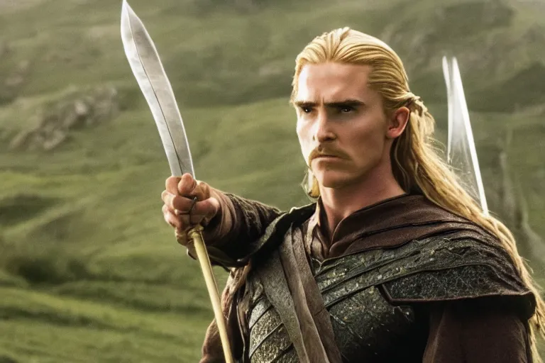 Image similar to film still of Christian Bale as Legolas in The Two Towers movie, 4k