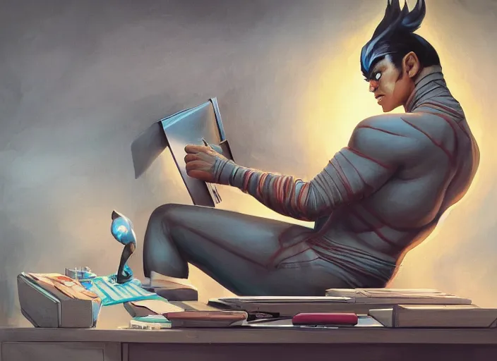 Image similar to an insanely detailed painting of an asian man wearing a homemade superhero costume, sitting at a desk, staring seriously at the computer and typing, in the style of peter mohrbacher, james jean, artgerm, dramatic lighting and composition, surreal background, octane render, pixar, trending on artstation, concept art, comic book, view from behind, 8 k