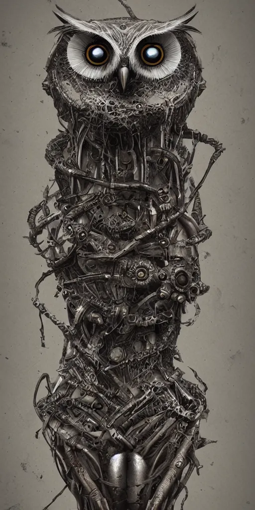 Image similar to an owl in the style of h. r giger, incredible art, character design, octane render,