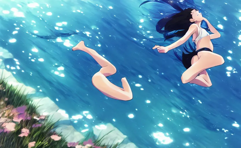 Image similar to An anime girl diving into a pool of water, anime scene by Makoto Shinkai, digital art