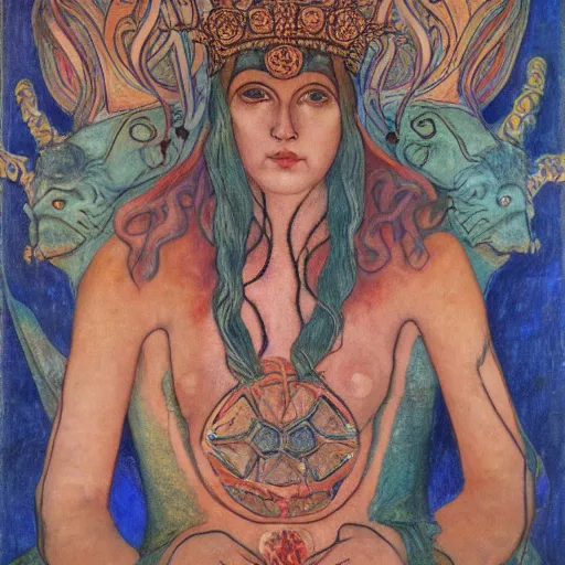 Prompt: the tentacle crown, by Annie Swynnerton!! and Nicholas Roerich! and (((Diego Rivera))), bioluminescent skin, tattoos, elaborate costume, geometric ornament, symbolist, rich colors, dramatic lighting, smooth, sharp focus, extremely detailed