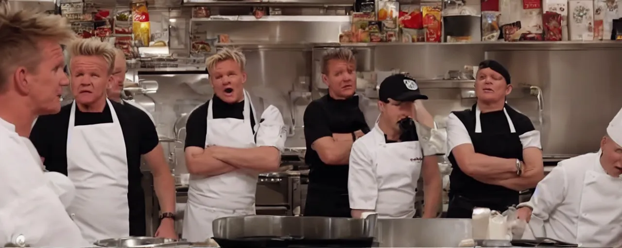 Prompt: Gordon ramsay kitchen nightmare yelling at a teenage boy with pimples cooking in a McDonald's kitchen, epic, cinematic