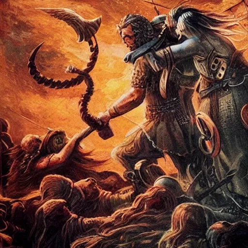 Image similar to odin with huggin and munning on his shoulders walking through the sea of death, followed by the valkyries. he is holding gungir in his right hand