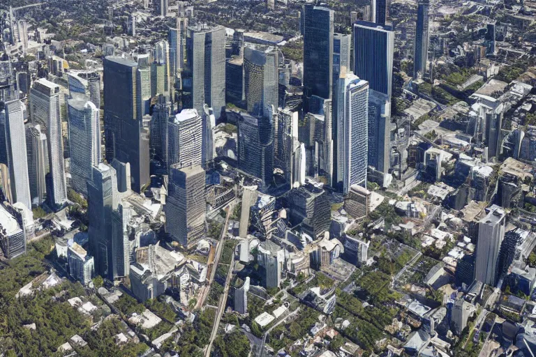 Prompt: satellite image of a highrise metropolis city with skyscrapers, and a redwood forest park separating the highrise and industrial districts apart