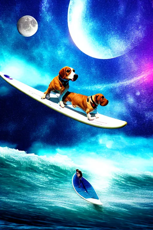 Image similar to beagle dog surfing a surfboard on a sparkly crashing wave of stardust in space, background is a moon in nebula, octane render, unreal engine, wide view, 8 k, highdetaild